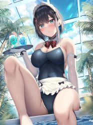 Rule 34 | 1girl, apron, bare shoulders, black hair, blue eyes, blush, bow, bowtie, breasts, cleavage, collar, crotch, elbow gloves, gloves, highres, large breasts, looking at viewer, maid, maid apron, maid headdress, mole, mole under eye, original, pool, poolside, short hair, sitting, skin tight, skindentation, solo, spread legs, swimsuit, thighs, tomoo (tomo), tray, white gloves
