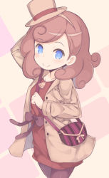 Rule 34 | 1girl, arm up, bag, bell, blue eyes, bow, brown bow, brown hair, brown hairband, brown headwear, brown jacket, brown pantyhose, closed mouth, dress, hairband, jacket, katrielle layton, kurasuke, layton&#039;s mystery journey, level-5, long hair, long sleeves, looking at viewer, open clothes, open jacket, pantyhose, professor layton, red dress, shoulder bag, smile, solo, tilted headwear