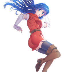 Rule 34 | 1girl, :d, arm up, ass, awayuki ramika, bad id, bad pixiv id, belt, blue eyes, blue hair, boots, brown belt, brown footwear, caeda (fire emblem), dress, elbow gloves, fingerless gloves, fire emblem, fire emblem: mystery of the emblem, floating hair, garter straps, gloves, grey thighhighs, long hair, looking at viewer, nintendo, open mouth, red dress, short dress, side slit, simple background, smile, solo, straight hair, thigh boots, thighhighs, very long hair, white background, white gloves, zettai ryouiki
