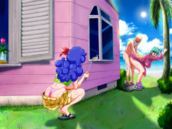 Rule 34 | 1boy, 2girls, against tree, age difference, alternate ass size, alternate breast size, bald, beach, beard, bent over, blue hair, blue sky, blush, bow, breasts, bulma, caterwaul, clothed female nude male, clothed sex, cloud, curly hair, curvy, day, doggystyle, dragon ball, dragon ball (classic), embarrassed, facial hair, flower, grass, green hair, hair ribbon, hetero, highleg, highleg panties, house, island, kame house, ladle, large breasts, long hair, lunch (dragon ball), multiple girls, mustache, muten roushi, nightgown, nightgown lift, nipples, nude, ocean, old, old man, older man and younger girl, outdoors, palm tree, panties, peeking, pink nightgown, ribbon, sandals, sex, sex from behind, shoes, shorts, side ponytail, sky, sneakers, socks, squatting, standing, sun, sunglasses, sweat, tree, underwear, vaginal, vase, voyeurism, water, wavy hair, white beard, white facial hair, white mustache, window