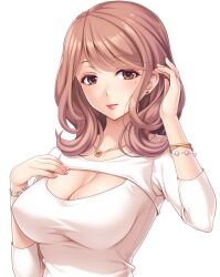 Rule 34 | 1girl, adjusting hair, blush, breasts, brown eyes, brown hair, cleavage, cleavage cutout, closed mouth, clothing cutout, erocas! ~papakatsu gyaru no wana~, eyebrows hidden by hair, female focus, game cg, hand on own chest, hand up, jewelry, large breasts, light blush, light smile, looking at viewer, medium hair, mole, mole under eye, necklace, original, saitou machiko (erocas), simple background, solo, tachi-e, transparent background, upper body, yoshino keiko