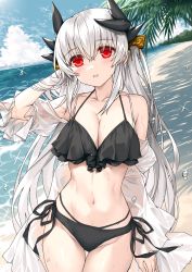 Rule 34 | 1girl, bare shoulders, bikini, black bikini, blush, breasts, cleavage, collarbone, dragon girl, dragon horns, fate/grand order, fate (series), hand in own hair, highres, horns, kiyohime (fate), large breasts, long hair, long sleeves, looking at viewer, morizono shiki, navel, off shoulder, outdoors, parted lips, red eyes, smile, solo, swimsuit, water, white hair
