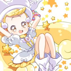 Rule 34 | 1girl, arms up, blonde hair, blush, boots, brown eyes, dress, gloves, hat, kotato, long hair, looking at viewer, magical girl, makihatayama hana, ojamajo doremi, open mouth, puffy short sleeves, puffy sleeves, short sleeves, sitting, smile, solo, star (symbol), starry background, twintails, white dress, white footwear, white gloves, white hat, wing hair ornament