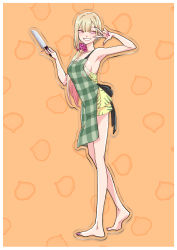 Rule 34 | 1boy, absurdres, apron, arms up, bare legs, barefoot, blonde hair, ear piercing, fake nails, highres, jewelry, kitagawa marin, knife, multicolored hair, nightgown, nishihara erika, official alternate costume, official alternate hairstyle, official art, onion, patterned background, patterned clothing, piercing, pink hair, ponytail, red eyes, ring, round teeth, scrunchie, smile, sono bisque doll wa koi wo suru, teeth, v