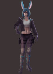 Rule 34 | 1girl, animal ears, warrior of light (ff14), blue eyes, blue hair, boots, brown background, commission, cropped jacket, cyberpunk, cyborg, facing viewer, final fantasy, final fantasy xiv, full body, highres, holster, jacket, mechanical arms, midriff, open clothes, open jacket, parted lips, rabbit ears, short hair, single mechanical arm, solo, tank top, thigh holster, viera, vincent andrada
