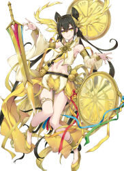 Rule 34 | 1girl, armlet, armpits, asymmetrical sleeves, bandeau, bare shoulders, bell, bell earrings, black hair, blonde hair, breasts, closed mouth, commentary request, crop top, detached sleeves, duel monster, earrings, floating, floating object, floating sword, floating weapon, folded twintails, full body, gold choker, groin, hair between eyes, jewelry, jingle bell earrings, long hair, looking at viewer, midriff, mismatched sleeves, multicolored hair, nakazawa aki, navel, ohime the manifested mikanko, shield, shoes, sidelocks, simple background, skindentation, skirt, small breasts, smile, solo, sword, thighlet, two-tone hair, very long hair, vest, weapon, white background, wing hair ornament, yellow bandeau, yellow eyes, yellow footwear, yellow skirt, yellow sleeves, yellow vest, yu-gi-oh!