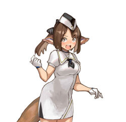 Rule 34 | 1girl, animal ear fluff, animal ears, arknights, black hat, blue archive, blush, breasts, brown eyes, brown hair, chocolatice, collared dress, cowboy shot, dress, garrison cap, gloves, hand up, hat, looking at viewer, medium breasts, open mouth, parted bangs, perfumer (arknights), ponytail, puffy short sleeves, puffy sleeves, short sleeves, simple background, solo, surprised, sweat, utnapishtim operator uniform (blue archive), v-shaped eyebrows, white background, white dress, white gloves