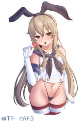 Rule 34 | 1girl, absurdres, black hairband, black neckerchief, black panties, blonde hair, blue sailor collar, candy, commentary request, cowboy shot, crop top, elbow gloves, food, gloves, grey eyes, hairband, highleg, highleg panties, highres, kantai collection, lollipop, long hair, neckerchief, panties, sailor collar, shimakaze (kancolle), shirt, simple background, sleeveless, sleeveless shirt, solo, striped clothes, striped thighhighs, tf cafe, thighhighs, tongue, tongue out, twitter username, underwear, white background, white gloves, white shirt