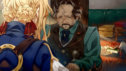 Rule 34 | 1boy, 1girl, beard, black hair, blonde hair, blue jacket, blue neckwear, blush, book, bottle, box, braid, braided bun, brown gloves, buttons, chair, character request, cheese kang, closed eyes, collar, collared shirt, commentary request, crying, door, eyewear hang, unworn eyewear, facial hair, from behind, glasses, gloves, grey hair, hair bun, hair intakes, hair ribbon, highres, holding, holding another&#039;s arm, indoors, jacket, leather, leather gloves, long hair, long sleeves, looking at another, multicolored hair, neckwear request, parted lips, puffy sleeves, red ribbon, ribbon, shirt, sidelocks, single hair bun, strap, tears, teeth, two-tone hair, upper body, vest, violet evergarden, violet evergarden (series), waistcoat