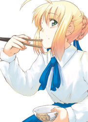 Rule 34 | 00s, 1girl, ahoge, artoria pendragon (all), artoria pendragon (fate), blonde hair, blouse, blush, bow, bowl, bowtie, chopsticks, eating, fate/stay night, fate (series), fingernails, food, food on face, green eyes, hair ribbon, holding, holding bowl, hota, one eye closed, ribbon, rice, rice on face, saber (fate), shirt, sidelocks, simple background, solo, white background, white shirt