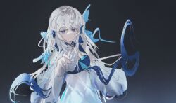 Rule 34 | 1girl, arknights, blue eyes, closed mouth, dress, gradient background, grey background, grey hair, highres, long hair, long sleeves, looking at viewer, mebe (teadia violet), mulberry (arknights), mulberry (reflection that of the moons) (arknights), official alternate costume, sketch, solo, upper body, very long hair, white dress