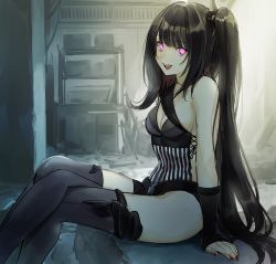 Rule 34 | 1girl, absurdres, architect (girls&#039; frontline), asawa (dm owr), asymmetrical clothes, bad id, bad twitter id, belt, black hair, black shorts, black thighhighs, breasts, cleavage, crossed legs, girls&#039; frontline, glowing, glowing eyes, hair ornament, highres, indoors, long hair, looking at viewer, medium breasts, nail polish, one side up, open mouth, pale skin, pink eyes, sangvis ferri, shorts, sitting, solo, striped, thighhighs