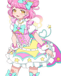 Rule 34 | 1girl, :3, blue bow, bow, bowtie, dress, earrings, hair bow, heart, idol, jewelry, kiracchu (pri chan), kiratto pri chan, looking at viewer, open mouth, pink dress, pink hair, pretty series, short sleeves, simple background, solo, star (symbol), star earrings, star print, umi no tarako, white background, wings, wrist cuffs, yellow eyes