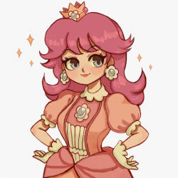 Rule 34 | 1girl, alizul, bad source, blue eyes, brooch, brown hair, closed mouth, crown, dress, earrings, happy, jewelry, lips, looking to the side, mario (series), nintendo, princess daisy, short hair, smile, solo, sparkle, super mario land, yellow dress