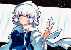 Rule 34 | 1girl, black border, blue dress, border, dress, hair between eyes, hand up, hat, letty whiterock, long sleeves, looking at viewer, open mouth, purple eyes, qqqrinkappp, scarf, short hair, smile, snow, solo, touhou, traditional media, tree, white hair, white hat, white sleeves