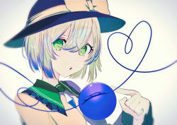 Rule 34 | 1girl, black hat, blouse, blue hat, bow, buttons, collared shirt, commentary request, crystal, frills, gradient background, green eyes, green hair, grey background, hair between eyes, hand up, hat, hat bow, heart, heart of string, ikasoba, jewelry, komeiji koishi, long sleeves, looking at viewer, open mouth, shirt, short hair, solo, third eye, touhou, wide sleeves, yellow background, yellow bow, yellow shirt
