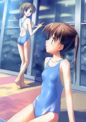 Rule 34 | 2girls, absurdres, ass, barefoot, brown hair, competition swimsuit, flat chest, highres, indoors, looking back, multiple girls, one-piece swimsuit, ponytail, pool, poolside, reflection, shiny clothes, snow, swimsuit, takoyaki (roast), twintails, water, wet, winter