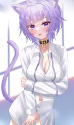 Rule 34 | 1girl, absurdres, animal ear fluff, animal ears, black collar, bottomless, breasts, cat ears, cat tail, cleavage, collar, highres, holding own arm, hololive, large breasts, navel, nekomata okayu, nekomata okayu (oversized shirt), partially unbuttoned, purple eyes, purple hair, shirt, tail, togemaru34, tongue, tongue out, virtual youtuber, white shirt