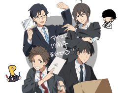 Rule 34 | 6+boys, ahoge, artist request, black hair, black jacket, business card, business suit, formal, glasses, highres, holding glowstick, idolmaster, idolmaster cinderella girls, idolmaster cinderella girls u149, idolmaster shiny colors, jacket, multiple boys, necktie, p-head producer, producer (idolmaster), producer (idolmaster anime), producer (idolmaster cinderella girls anime), producer (idolmaster cinderella girls u149), producer (idolmaster side-m anime), shaded face, simple background, suit, white background