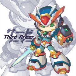 Rule 34 | 1boy, android, arm cannon, commentary, english commentary, english text, green eyes, helmet, highres, holding, holding sword, holding weapon, iikoao, male focus, mega man (series), mega man x3, mega man x (series), mixed-language commentary, solo, sword, third armor x (mega man), weapon, x (mega man), z saber