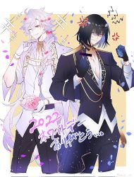 Rule 34 | 2022, 2boys, ;d, amata1006, anger vein, angry, black hair, blue eyes, braid, censored, censored gesture, false smile, fate/grand order, fate (series), feet out of frame, flower, gloves, hair between eyes, highres, holding, holding flower, jacket, long hair, long sleeves, looking at viewer, male focus, merlin (fate), merlin (overnight dream) (fate), middle finger, multiple boys, oberon (fate), oberon (overnight dream) (fate), one eye closed, open mouth, petals, purple hair, shirt, smile, spoilers, white shirt