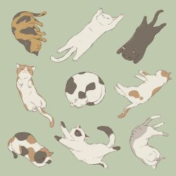 Rule 34 | :3, ^ ^, animal, animal focus, avogado6, black cat, calico, cat, cat loaf, closed eyes, closed mouth, closed eyes, facing away, facing viewer, green background, lying, muted color, no humans, on back, on side, on stomach, original, simple background, too many, too many cats, white cat