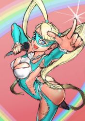 Rule 34 | ass, bare shoulders, blonde hair, blue eyes, breasts, cleavage, clothing cutout, large breasts, leotard, long hair, microphone, rainbow mika, shoulder cutout, solo, street fighter, street fighter v, suzuki yuuichi, twintails, very long hair, wrestling outfit