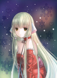Rule 34 | 00s, 1girl, :o, bare shoulders, blonde hair, blunt bangs, brown eyes, chii, chobits, choker, detached sleeves, dress, gradient background, hair tubes, heart, highres, long hair, parted lips, red dress, robot ears, small big dot, snowflakes, snowing, solo