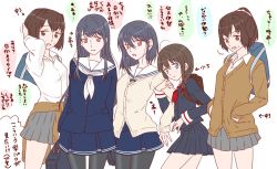 Rule 34 | 10s, 5girls, ahoge, backpack, bad id, bad pixiv id, bag, black hair, blazer, blue background, blue eyes, braid, briefcase, brown eyes, brown hair, cardigan, clothes around waist, fusou (kancolle), grey skirt, hand on own head, hands in pockets, hyuuga (kancolle), ise (kancolle), jacket, kantai collection, locked arms, long hair, looking at another, looking at viewer, multiple girls, neckerchief, open mouth, pantyhose, pleated skirt, ponytail, randoseru, red eyes, school bag, school uniform, serafuku, shigure (kancolle), shirt, short hair, short ponytail, side braid, single braid, skirt, smile, speech bubble, sweat, udon (shiratama), white background, white shirt, yamashiro (kancolle)