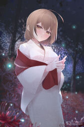 Rule 34 | 1girl, ahoge, braid, braided bangs, brown eyes, brown hair, crossed bangs, fingernails, fireflies, fireworks, floral print, flower, forest, gloves, hololive, hololive english, japanese clothes, kimono, lace, lace gloves, looking at viewer, mujinbensin, multicolored hair, nanashi mumei, nanashi mumei (new year), nature, official alternate costume, open mouth, print kimono, red shawl, shawl, short hair, steepled fingers, streaked hair, virtual youtuber, white kimono, wide sleeves