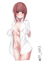 Rule 34 | 1girl, alternate costume, blush, breasts, cleavage, coffee, coffee mug, collared shirt, commentary request, cowboy shot, cropped legs, cup, dress shirt, groin, highres, holding, holding cup, kantai collection, long sleeves, looking at viewer, mug, naked towel, navel, one-hour drawing challenge, red eyes, red hair, shirt, small breasts, solo, tf cafe, towel, white shirt, z3 max schultz (kancolle)