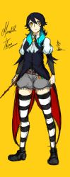 Rule 34 | 1girl, absurdres, ascot, black footwear, blue hair, cape, fatuus, full body, highres, looking up, meredith thorne, shoes, short hair, shorts, solo, striped clothes, striped thighhighs, tailcoat, thighhighs, waistcoat, wand, weapon, yellow eyes, zettai ryouiki