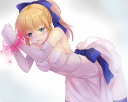Rule 34 | 1girl, ahoge, artoria pendragon (all), artoria pendragon (fate), bad id, bad pixiv id, bare shoulders, blonde hair, blush, bound, dress, elbow gloves, fate/stay night, fate (series), gloves, green eyes, hair ribbon, harimoji, leaning forward, long hair, official alternate costume, ponytail, ribbon, saber (fate), solo, sweat, tied up, white dress, white gloves
