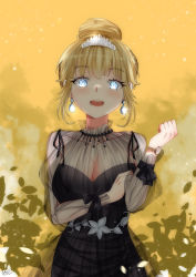 Rule 34 | absurdres, black dress, breasts, cleavage, dress, earrings, hair bun, highres, hololive, hololive english, jewelry, leaf, looking at viewer, open mouth, ribbon, single hair bun, smile, tiara, virtual youtuber, watch, watson amelia, watson amelia (party dress), yellow background, zikryzero