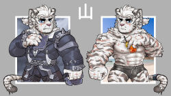 Rule 34 | 1boy, animal ears, arknights, artist request, bad tag, bara, biceps, brass knuckles, bulge, clenched hand, cocktail glass, cup, deformed, drinking glass, facial hair, furry, furry male, goatee, highres, large hands, large pectorals, light frown, looking at viewer, male focus, male swimwear, merchandise available, mountain (arknights), multiple views, muscular, muscular male, out of frame, pectorals, scar, scar across eye, scar on arm, serious, short hair, strongman waist, swim briefs, thick eyebrows, tiger boy, tiger ears, topless male, weapon, white hair