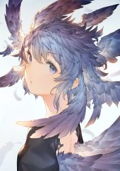 Rule 34 | blue eyes, blue feathers, blue hair, blue wings, feathered wings, feathers, gender request, head wings, looking at viewer, looking back, mogumo, multicolored hair, original, parted lips, simple background, solo, torn clothes, upper body, wings, witch
