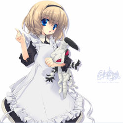 Rule 34 | 1girl, :o, bandages, blue eyes, blush, cowboy shot, dress, gota nao, gotou nao, hairband, head tilt, holding, index finger raised, looking at viewer, original, parted lips, short hair, solo, standing, white dress