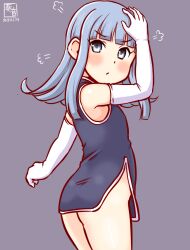 Rule 34 | 1girl, alternate costume, artist logo, ass, back, blue dress, blue eyes, blue hair, blush, china dress, chinese clothes, cowboy shot, dated, dress, elbow gloves, gloves, gradient background, grey background, hatsukaze (kancolle), kanon (kurogane knights), kantai collection, long hair, looking at viewer, looking back, one-hour drawing challenge, short dress, sleeveless, solo, white gloves