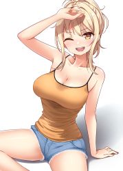 Rule 34 | 1girl, ;), absurdres, artist name, artist request, bare legs, bare shoulders, blonde hair, blue pants, blue shorts, blush, breasts, brown eyes, cleavage, collarbone, female focus, hair between eyes, hand over face, high ponytail, highres, long hair, looking at viewer, love live!, love live! nijigasaki high school idol club, medium breasts, miyashita ai, nail, nail polish, one eye closed, orange eyes, orange nails, orange shirt, pants, parted lips, ponytail, shirt, short shorts, shorts, side ponytail, sitting, smile, solo, v-shaped eyebrows, white background, yellow eyes