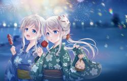 Rule 34 | 2girls, :d, aerial fireworks, blue flower, blue kimono, breasts, candy apple, closed mouth, commentary request, fireworks, floral print, flower, food, fox mask, fruit, green kimono, grey hair, hair flower, hair ornament, highres, holding, holding food, japanese clothes, kimono, long hair, long sleeves, low twintails, mask, mask on head, medium breasts, multicolored hair, multiple girls, night, obi, open mouth, outdoors, pink hair, print kimono, purple hair, sash, shiraishi erica, shiraishi karin (twinbox), smile, sousouman, strawberry, streaked hair, swept bangs, tongue, tongue out, twinbox school, twintails, wide sleeves