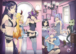 Rule 34 | 6+girls, armchair, bathroom, bathtub, black hair, blonde hair, bloomers, blue hair, bra, breasts, brooch, brown hair, chair, chandelier, cleavage, corset, dress, endou minari, fate/grand order, fate (series), finger to mouth, flower, horns, ibaraki douji (fate), jewelry, katou danzou (fate), lace, lace-trimmed bra, lace-trimmed legwear, lace-trimmed panties, lace trim, lamp, lingerie, long hair, looking at viewer, medium breasts, minamoto no raikou (fate), mirror, miyamoto musashi (fate), mochizuki chiyome (fate), multiple girls, nail polish, necklace, panties, parted lips, ponytail, purple hair, shuten douji (fate), sink, sitting, small breasts, smile, soap bubbles, thighhighs, tomoe gozen (fate), towel, underwear, vase, very long hair