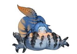 Rule 34 | 1girl, absurdres, black claws, black scales, blue hair, blue scales, blue skin, breasts, claws, colored skin, constricted pupils, dodogama, gigantic breasts, glowing mouth, highres, horizontal pupils, lizard tail, lying, medium hair, miao jiangyou, monster girl, monster hunter, monster hunter: world, monster hunter (series), multicolored skin, on stomach, open mouth, personification, shoulder spikes, solo, spikes, striped, tail, tongue, white background, yellow eyes