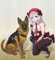 Rule 34 | 1girl, beret, black pantyhose, blue eyes, breasts, dog, frilled skirt, frills, german shepherd, girls&#039; frontline, gun, hat, hat ribbon, highres, holding, holding gun, holding weapon, jamgom, leash, looking at viewer, mp5 (girls&#039; frontline), necktie, on one knee, open mouth, pantyhose, red headwear, red necktie, ribbon, scope, shoes, simple background, skirt, small breasts, smile, weapon, white hair