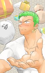 Rule 34 | 1boy, bara, birthday, blush, bottle, box, foreshortening, fugur6 fugur9, gift, gift box, green hair, highres, large pectorals, looking ahead, male focus, muscular, muscular male, one piece, outstretched hand, partially unbuttoned, pectoral cleavage, pectorals, roronoa zoro, sake bottle, sanpaku, scar, scar across eye, shirt, short hair, solo, t-shirt, tsurime, upper body, v-shaped eyebrows