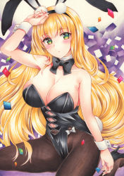 Rule 34 | 1girl, animal ears, arm up, azur lane, bare shoulders, black bow, black bowtie, black footwear, black pantyhose, blonde hair, blush, bow, bowtie, breasts, cleavage, commentary request, confetti, detached collar, fake animal ears, green eyes, hair between eyes, high heels, highres, large breasts, leotard, long hair, looking at viewer, marker (medium), north carolina (azur lane), north carolina (the heart&#039;s desire) (azur lane), official alternate costume, pantyhose, playboy bunny, rabbit ears, rabbit tail, saya pr, sidelocks, sitting, solo, tail, traditional media, wariza, wrist cuffs