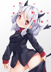 Rule 34 | 1girl, absurdres, black suit, blush, breasts, commentary request, demon girl, demon horns, demon tail, heart, heart-shaped pupils, helltaker, highres, horns, kobi (piliheros2000), long sleeves, looking at viewer, modeus (helltaker), red eyes, red sweater, shirt, short hair, sleeves past wrists, solo, suit, sweater, symbol-shaped pupils, tail, white hair, aged down