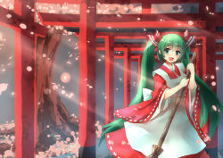 Rule 34 | 1girl, :d, bamboo broom, broom, cherry blossoms, green eyes, green hair, hatsune miku, japanese clothes, light rays, long hair, matching hair/eyes, miko, multiple torii, mushiboy, open mouth, petals, smile, solo, sunbeam, sunlight, torii, twintails, very long hair, vocaloid
