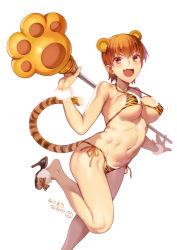 Rule 34 | 1girl, :d, animal ears, animal print, bikini, black footwear, blush, breasts, commentary request, commission, extra ears, fang, fate/grand order, fate (series), fujimura taiga, high heels, highres, jaguarman (fate), large breasts, looking at viewer, micro bikini, navel, nekomata naomi, open mouth, orange eyes, orange hair, paw stick, pixiv commission, print bikini, shoes, short hair, side-tie bikini bottom, simple background, skin fang, smile, solo, string bikini, swimsuit, tail, tiger ears, tiger print, tiger tail, v-shaped eyebrows, white background