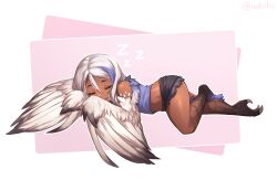 Rule 34 | 1girl, artist name, bare shoulders, bird legs, blue hair, closed eyes, commentary, commission, cutoffs, eliana (mgl139), english commentary, feathers, gradient wings, harpy, highres, iwbitu, long hair, midriff, monster girl, multicolored hair, multicolored wings, original, pink background, shorts, sleeping, talons, tan, two-tone background, white background, white feathers, white hair, white wings, winged arms, wings, zzz