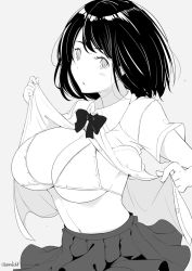 Rule 34 | 1girl, bikini, bikini under clothes, blush, breasts, collared shirt, dress shirt, grey background, greyscale, kichihachi, large breasts, looking at viewer, monochrome, navel, open clothes, open shirt, original, parted lips, pleated skirt, ribbon, shirt, short hair, short sleeves, simple background, skirt, solo, stomach, swimsuit, twitter username, unbuttoned